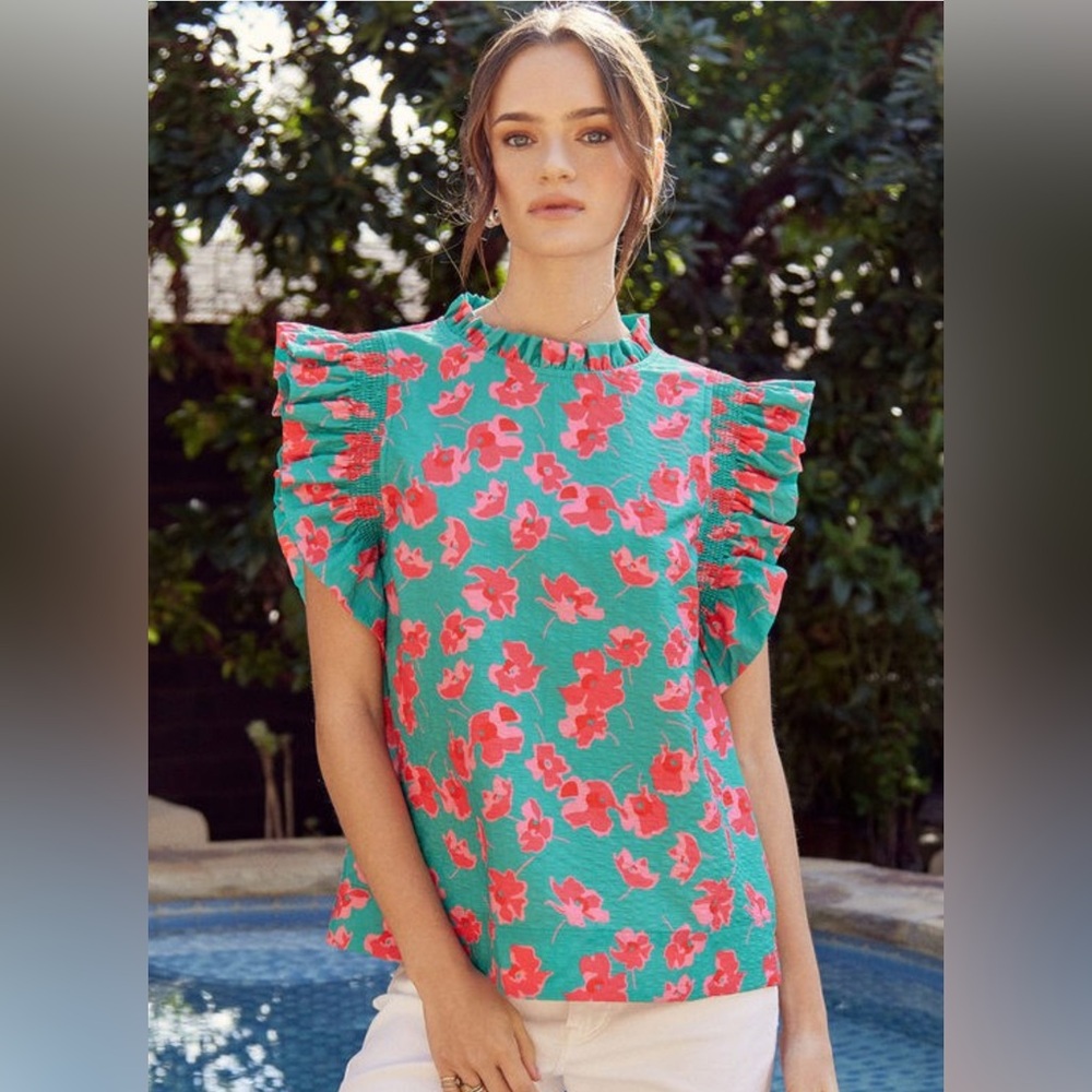 JODIFL Floral Ruffle Sleeve Blouse - Teal and Coral
